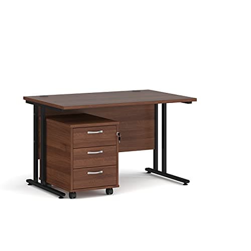 Image of Mr Office Maestro 25 straight desk 800mm deep with black cantilever frame and 3 drawer pedestal bundle, Walnut, 1200