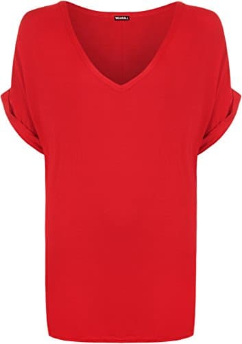 Image of WearAll Women's New Plus Size Womens Short Turn Up Sleeve Baggy Plain Top Ladies V-Neck T-Shirt - Red - 24-26