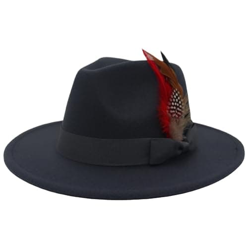 Image of Women Men Retro Fedora Feather Decor Hat Wide Brim Wool Felt Cap Jazz Hat Panama Floppy Elegant Hat Party Wedding (A-Black, ONE Size)