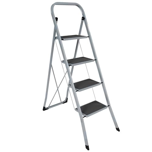 Image of Home Vida 4 Step Ladder - Heavy Duty Steel Folding Ladder with Slip-Resistant and Wide Steps, Folding Mechanism, 150kg Max Load, Home/Kitchen/DIY/Garden Use, Grey