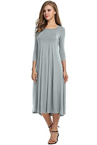 Image of Casual Women's Loose Long Dress Plain Pleated Short Sleeve Midi Dresse (Grey,M,M,Regular,Regular)