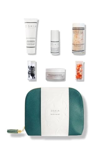 Image of OSKIA Me Time Edit – Luxurious Skincare Collection for Radiant, Healthy Skin – Includes Renaissance Cleansing Gel, Liquid Mask Lactic Acid Micro-Peel, Super C Capsules, and Vegan Leather Teal Wash Bag