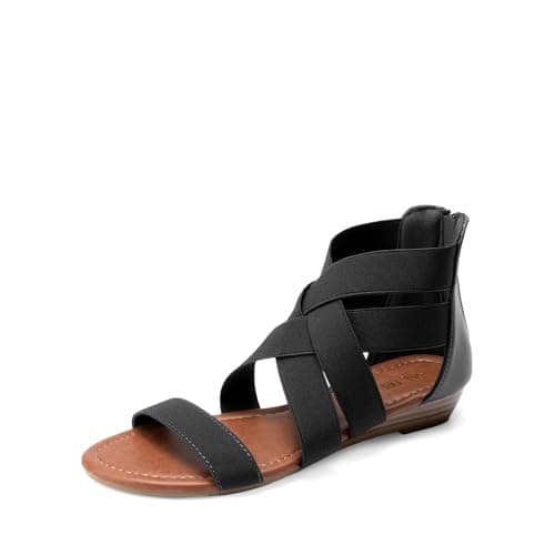 Image of DREAM PAIRS Elastic Strappy Flats Sandals Womens Open Toe Summer Beach Low Wedges Shoes ELASTICA8,Size 6,Black,ELASTICA8