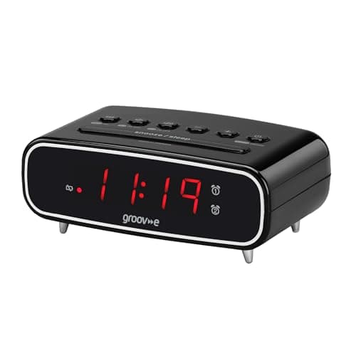 Image of Groov-e Rise - Digital Alarm Clock with FM Radio, LCD Display, & Dimmer Function - 12hr/24hr Time Modes - Mains Powered, Backup Battery System - Black