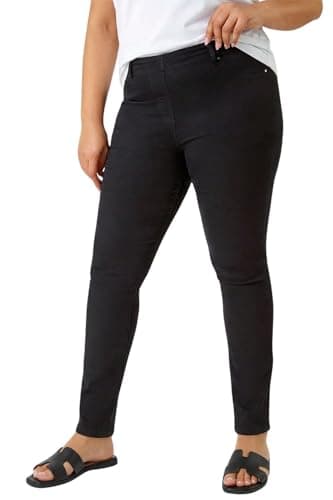 Image of Roman Originals Jeggings for Women UK Jean Ladies Stretchy Trousers Denim Leggings High Waist Rise Pull On Skinny Straight Leg Cotton Pants Smart Casual - Plus Black (31 inch) - Size 16