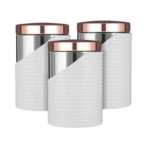Image of Tower Linear Set of 3 Canisters with Air Tight Lid and Polished Stainless Steel, White and Rose Gold, 11.6 x 11.6 x 17cm