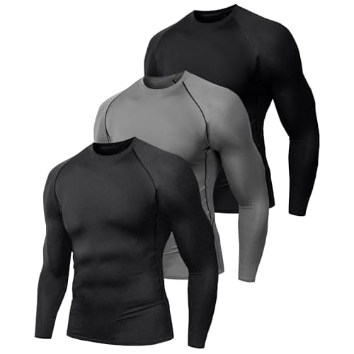Image of Holure 3 Pack Compression Shirts for Men Long Sleeve Mens Running Top Quick Dry Base Layer Tops for Gym Sports Fitness Workout Black/Grey/Charcoal-L