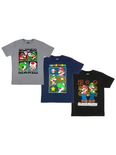 Image of Nintendo Super Mario Boys T-Shirts 3-Pack, Super Mario Bros Characters 3-Pack of Tees for Boys Bundle Set, Navy/Grey/Black, 8