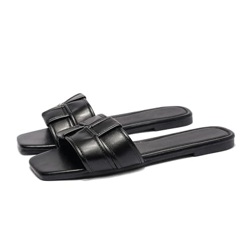 Image of INNERSECT CO Women's Leather Flat Slides - Comfortable Slip On Sandals, Smart Casual Backless Mule Sandals for Summer (BLACK, Adult, Women, 6, Numeric, UK Footwear Size System, Medium)