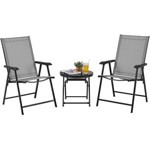 Image of Yaheetech 3-Piece Outdoor Bistro Set, Garden Folding Chairs and Tempered Glass Table Set, Foldable Patio Furniture with Backrest & Armrests for Garden, Lawn, Balcony & Poolside Relaxation, Grey/Black