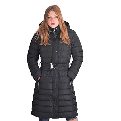 Image of Spindle Womens Long Hooded Padded Puffer Parka Ladies Winter Jacket Coat with Waist Belt and Zip Side Pockets Black with Belt 18