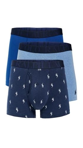Image of Polo Ralph Lauren Men's Classic Fit Stretch Trunk, Pale Royal Heather/Monroe Blue Heather W/White Aopp/Blue Saturn, L (Pack of 3)
