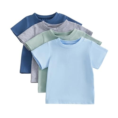 Image of Unisex Toddler Baby Boys Short Sleeve T-Shirts Tops Infant Boy Clothes Tees Shirts Loose Fit Solid/Striped Tops Pack of 4 Summer (Sky Blue, 18-24 Months)