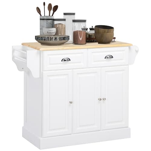 Image of HOMCOM Kitchen Island with Storage, Rolling Kitchen Cart with Adjustable Shelf, Drawers and Cabinets, 110 x 45 x 89cm, White