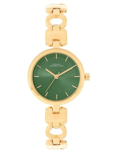 Image of French Connection Gold Bracelet Watch with Green Dial, Round, Quartz Movement, Alloy Steel Case, Buckle Clasp