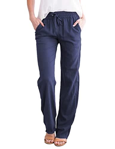 Image of UMIPUBO Womens Straight Leg Jogger Trousers Cotton and Linen Full Length Casual Full Elasticated Waist Bottoms Summer Drawstring Pants (Navy, XXL)