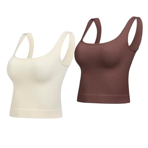 Image of Lemef Crop Tops for Women Basic Seamless Ribbed Tank Top Square Neck Summer Teens Top Cute Workout Top Beige Coffee S