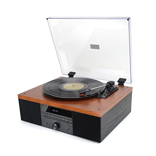 Image of AKAI Wooden Turntable with Built-in 16W Speakers and CD Player, Bluetooth, SD Card Slot, USB, AUX and FM Radio with Pre-Amp