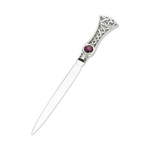 Image of Edwin Blyde & Co Ornate Celtic Weaver Design with Glass Amethyst Stone Pewter Handle/Stainless Steel Blade Letter Opener