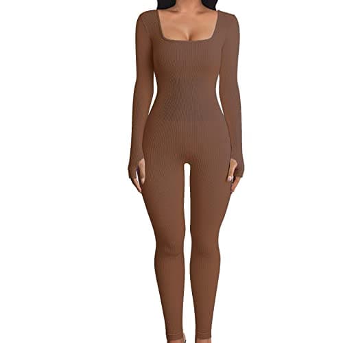 Image of Aunaeyw Women Ribbed Knit Yoga Jumpsuits One-Piece Long Sleeve Square Neck Bodycon Jumpsuit Workout Sports Outfits (Brown, L)