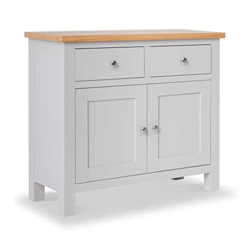 Image of RoselandFurniture Farro Grey Small Sideboard for Living Room | Fully Assembled Painted Storage Cabinet Solid Wood 2 Door Cupboard with 2 Drawers and Oak Top for Kitchen, Dining Room or Hallway