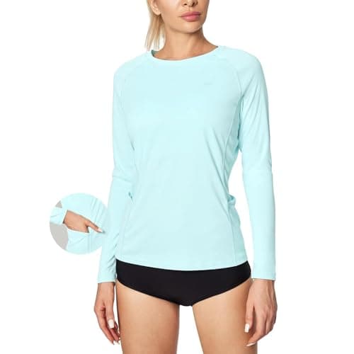 Image of NWDEY Womens Long Sleeve Rash Vest with Pockets, UPF 50+ Swim Top Ice Silk Quick Dry Sun Protection Shirt for Swimming Surfing Gym Running (UK, Alpha, S, Regular, Regular, Blue)