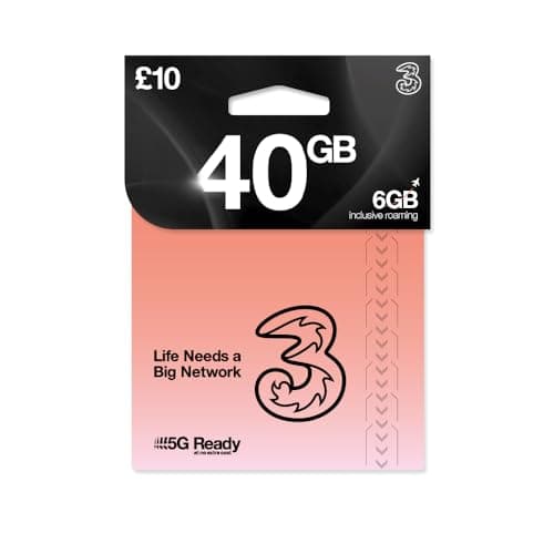 Image of THREE 4G/5G SIM Card UK & ROAM FREE in over 70 destinations - PREPAID PAYG £10 Bundle - 20GB + (20GB FREE DATA) Unltd Texts & Mins - ROAMING ALLOWANCE 6GB