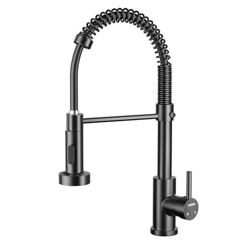 Image of Cobbe Black Kitchen Tap, Spring Kitchen Sink Mixer Taps with Pull Out Spray, Commercial Faucet Single Handle Lever, High Arc Swivel 360 with 2 Spray Mode Cold and hot Fittings UK Standard