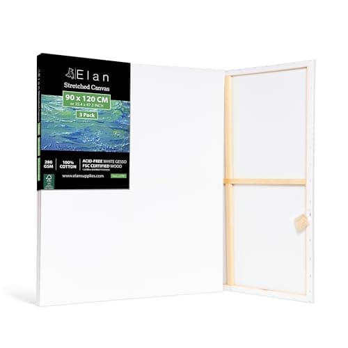 Image of Elan Stretched Canvases 90x120 CM, 3-Pack Extra Large Canvas for Painting 280 GSM, Triple Primed A0 Canvas for Painting 90x120 CM, Extra Large Art Canvases