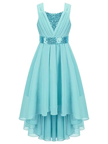 Image of ranrann Girls Asymmetric Chiffon Bridesmaid Dress A-Line Sleeveless Sparkle Sequin Wedding Flower Dress Turquoise 9-10 Years