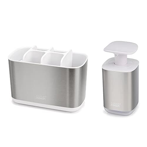 Image of Joseph Joseph Bathroom Beauties - 2-Piece Bathroom Sink Set with Large Toothbrush Holder Caddy and Hygienic Soap Pump Dispenser, Stainless Steel