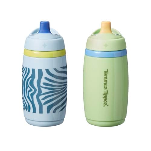 Image of Tommee Tippee Insulated Active Spout Toddler Sippy Cup, 266ml, 12m+, Pack of 2, Leak-Proof Children's Water Bottle with Handle in Fun Colours and Animal Print, Green & Blue
