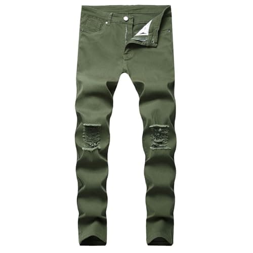 Image of Men's Slim-Fit Stretch Jeans Skinny Jeans for Men Distressed Straight Leg Fashion Comfort Flex Waist Pants Motorbike Denim Trousers Athletic Stylish Bottoms Army Green 32