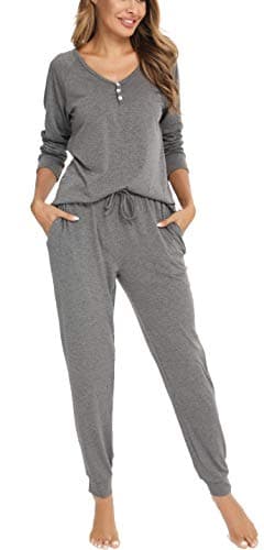 Image of Vlazom Pyjamas Set for Women, Soft Two Pieces Pjs Sets Long Sleeve Button Down Tops and Pants Sleepwear with Pockets,A-Charcoal,M