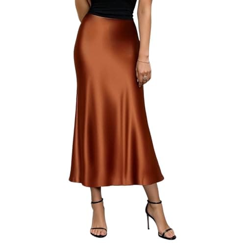 Image of viiotu Satin Skirt for Women UK, Elegant High Waist Satin Midi Long Slip Skirt, A-Line Silk Skirts for Women (UK, Alpha, XL, Regular, Regular, Caramel)