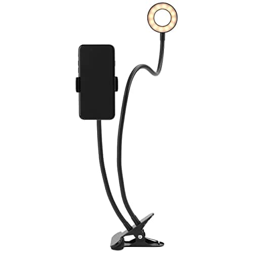Image of Intempo EE5901RKBLKSTKEU7 2 in 1 Streaming Stand - USB Powered, Ring Light, Security Clip, Adjustable Arms and Free-Standing Design, Up to 8.2cm Phone Size, 3 Light Modes, Perfect for Multitasking