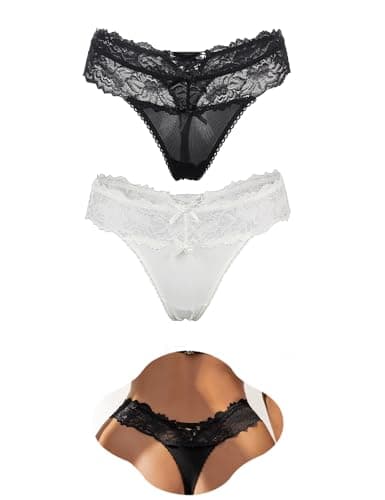 Image of ohmydear Lace Thongs for Women Sexy French Knickers Plus Size Underwear High Rise Bikini Briefs Cotton Crotch Hipster Panties Black Thong White G String Multipack