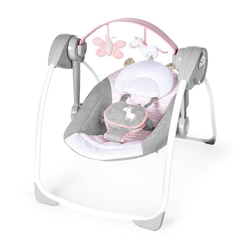 Image of Ingenuity Comfort 2 Go Compact Portable 6-Speed Cushioned Baby Swing with Music, Folds Easy, 0-9 Months 6-20 lbs (Pink Flora the Unicorn)