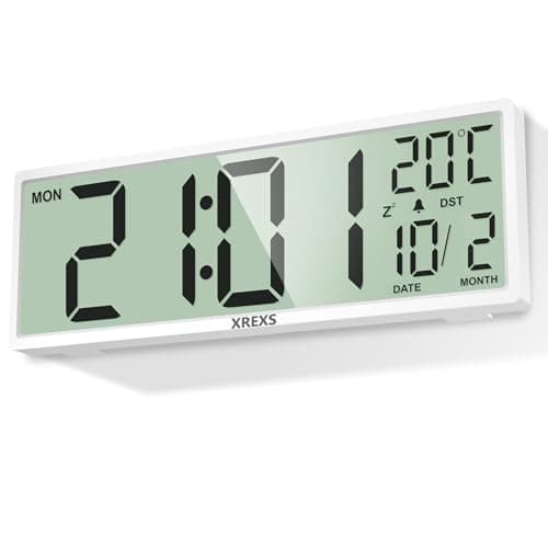 Image of XREXS 14.5'' Large Digital Wall Clock, Battery Operated, Auto DST/Day/Date/Alarm/Temperature, Large Digital Clock for Living Room, Bedroom, Desk Decor