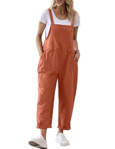 Image of YESNO Women's Dungarees Loose Casual Plus Size Lightweight Sleeveless Overall Long Jumpsuit Playsuit Trousers Pants Dungarees (M PV9UK Rust)