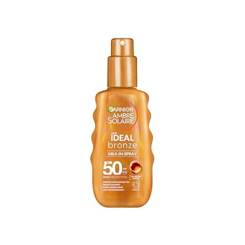Image of Garnier Ambre Solaire Face SPF, Sun Cream Spray, Ideal Bronze Milk-In Spray, High UV Protection SPF50, with Vitamin E & Beta-Carotene, Very Water Resistant, Cruelty Free (150ml)