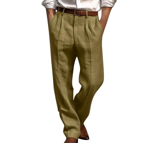 Image of Mens Pleated Suit Trousers, Cotton Linen High Waist Cargo Pants Straight Legs Golf Smart Rugby Trouser Lightweight Business Office Pant S-3XL Army Green
