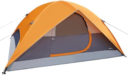 Image of Amazon Basics Dome Camping Tent with Rainfly and Carry Bag, 3-Season Waterproof Easy Set-Up Tent, 4 Person, Orange/Grey