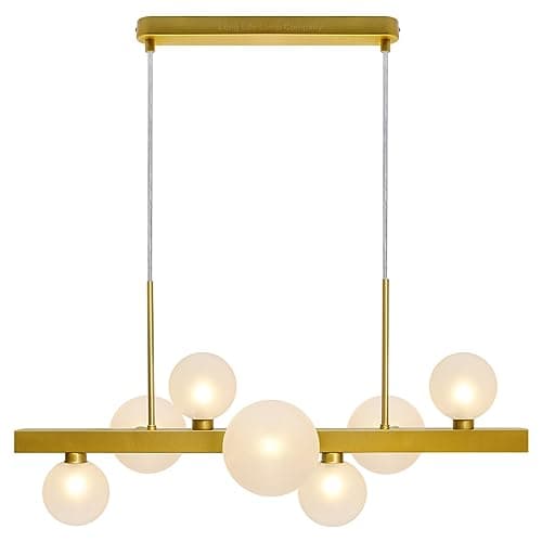 Image of Modern Cluster Pendant Light Bar, Hanging Golden Ceiling Light Globe Lamp Shades Frosted Glass 7 x G9 LED Included H3089