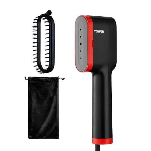 Image of Tower T22038RED Ceraglide Handheld Garment Steamer with Ceramic Soleplate, Brush Attachment, Vertical Steaming, 14g/min Steam Rate, 1400W, Black & Red