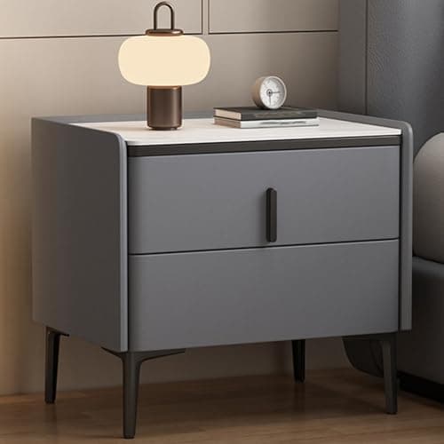 Image of LYXWGRZD Wooden Nightstands with High Legs, Modern Bedside Table with 2 Drawers, Rock Board Bed end Table with Leather Finish, Side Table for Bedroom, Dorm, easy To Clean(Grey,45x40x50cm)