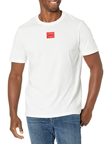 Image of HUGO Men's Ribbed Crew Neck Regular Fit Center Logo T-Shirt, Chalk White, XL
