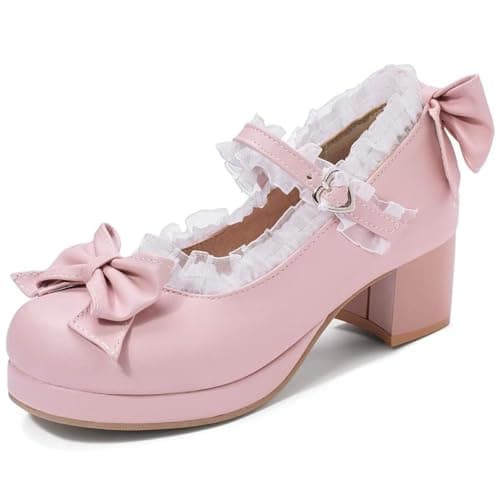 Image of KISSASA Womens Cute Platform Shoes Chunky Mary Jane Heels Bow Court Shoes Size 3.5UK,Pink