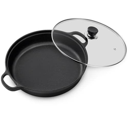 Image of Warmiehomy Cast Iron Griddle Pan with Glass Lid,25cm Round Non-Stick Grill Pan,BBQ Skillet,Frying Pan with 2 Handles for Gas Hob, Electric, Induction & Oven Safe,Flat Surface