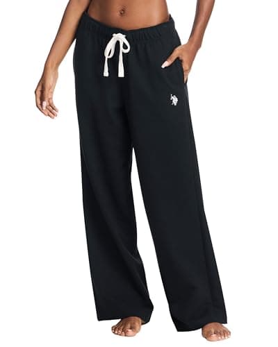 Image of U.S. POLO ASSN. Womens Sweatpants with Pockets, French Terry Womens Joggers Wide-Leg Sweats, Black-wide Leg, 2x